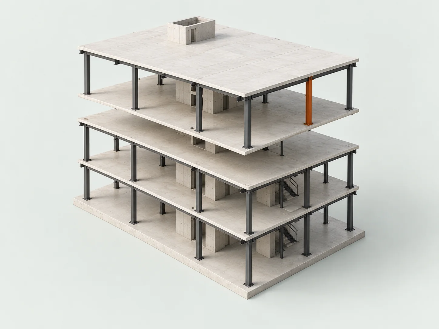 Exploded architectural model revealing a building’s structural layers